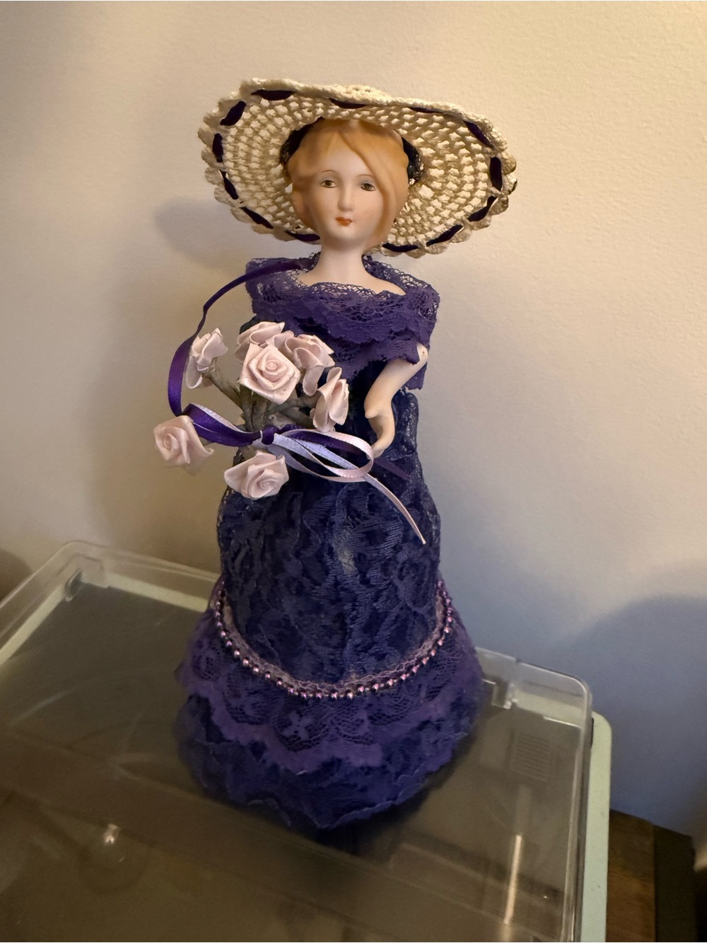 Victorian Porcelain Lady Figurine in Purple Lace Dress